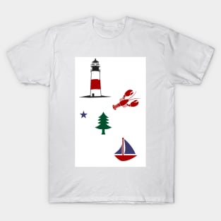 Maine Things -- lobster, sailboat, pine tree flag, lighthouse T-Shirt